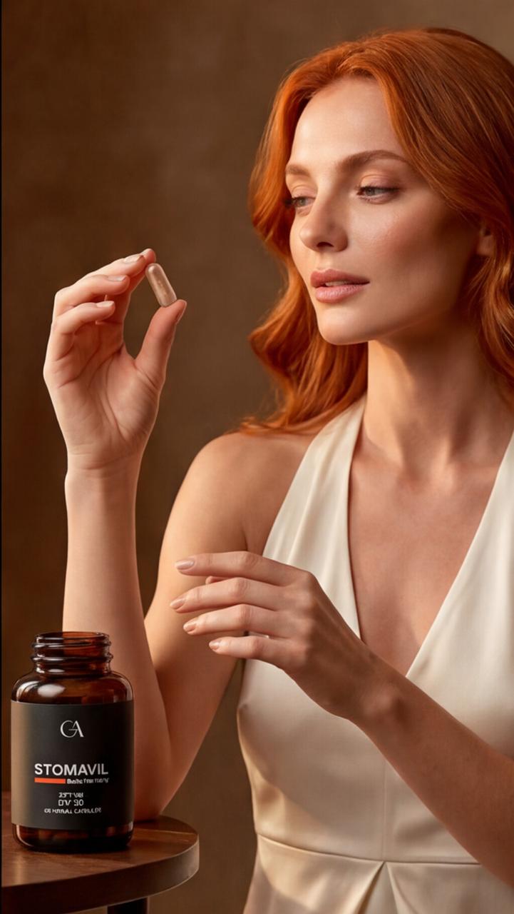 Woman holding a single GA capsule beside a bottle of Stomavil
