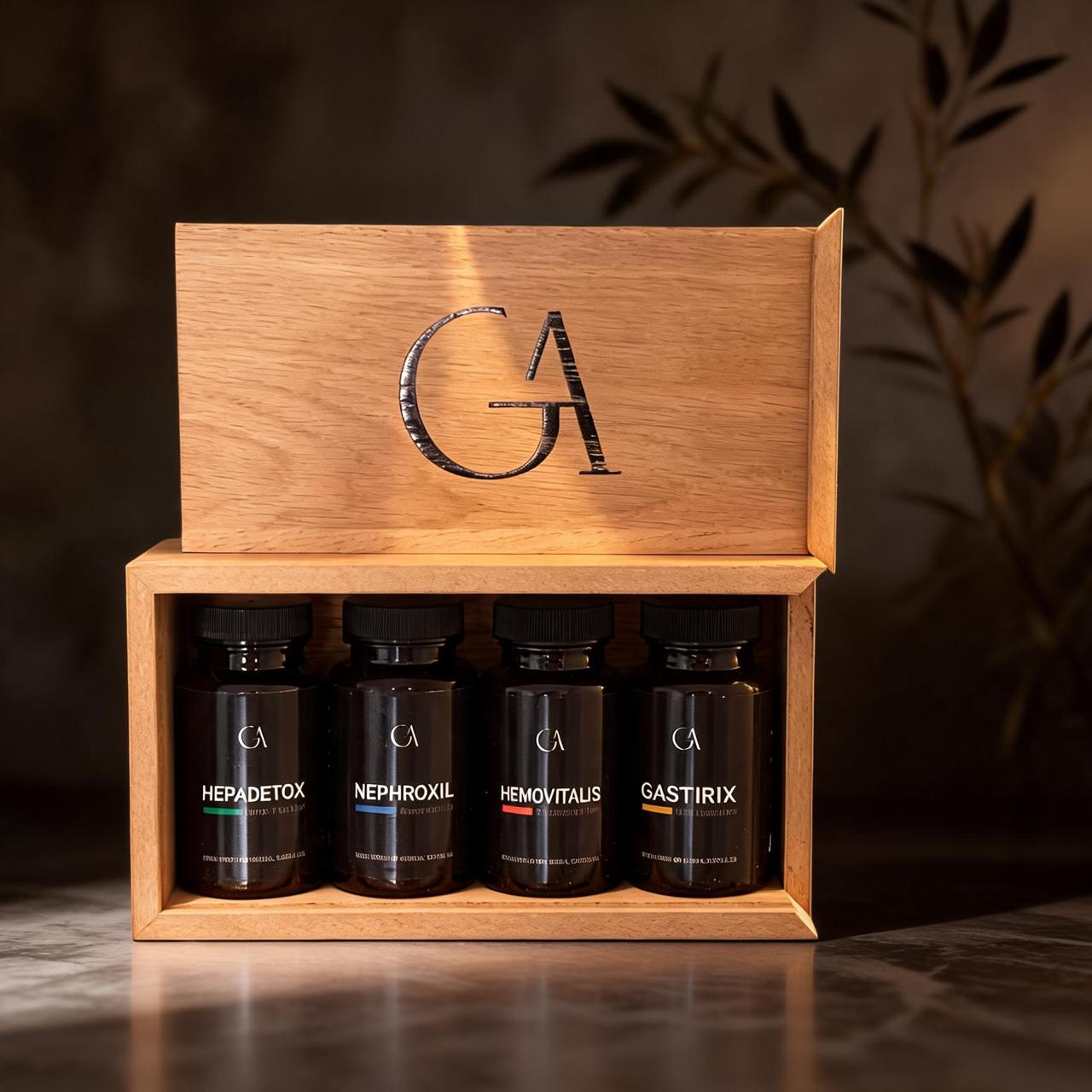 GA wooden gift box holding four formula bottles