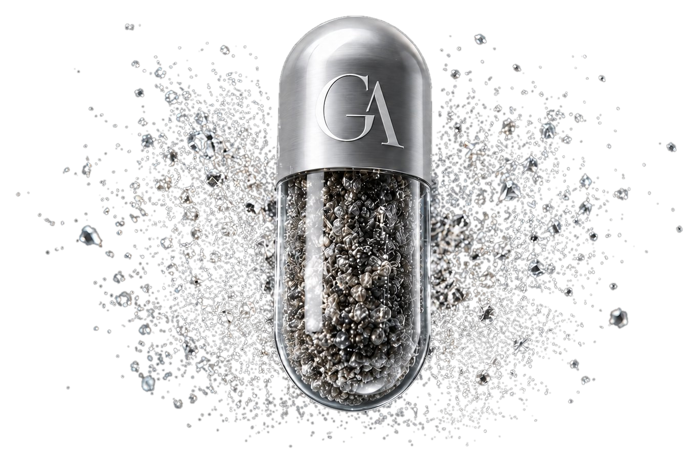 GA capsule filled with whole-plant granules over a burst of botanical powder